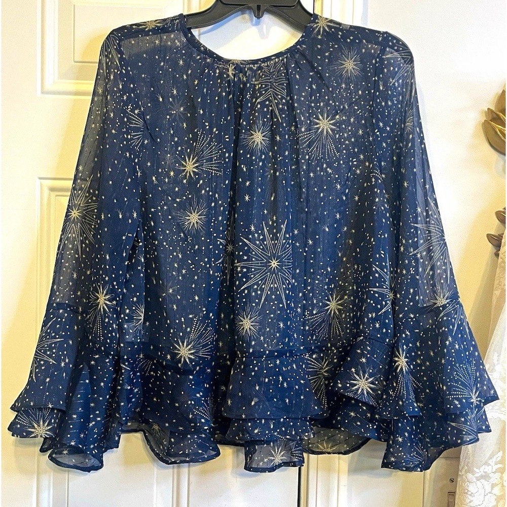 LOFT Celestial Starburst Sheer Top Navy Gold Lurex Metallic Ruffle Bell Sleeve S